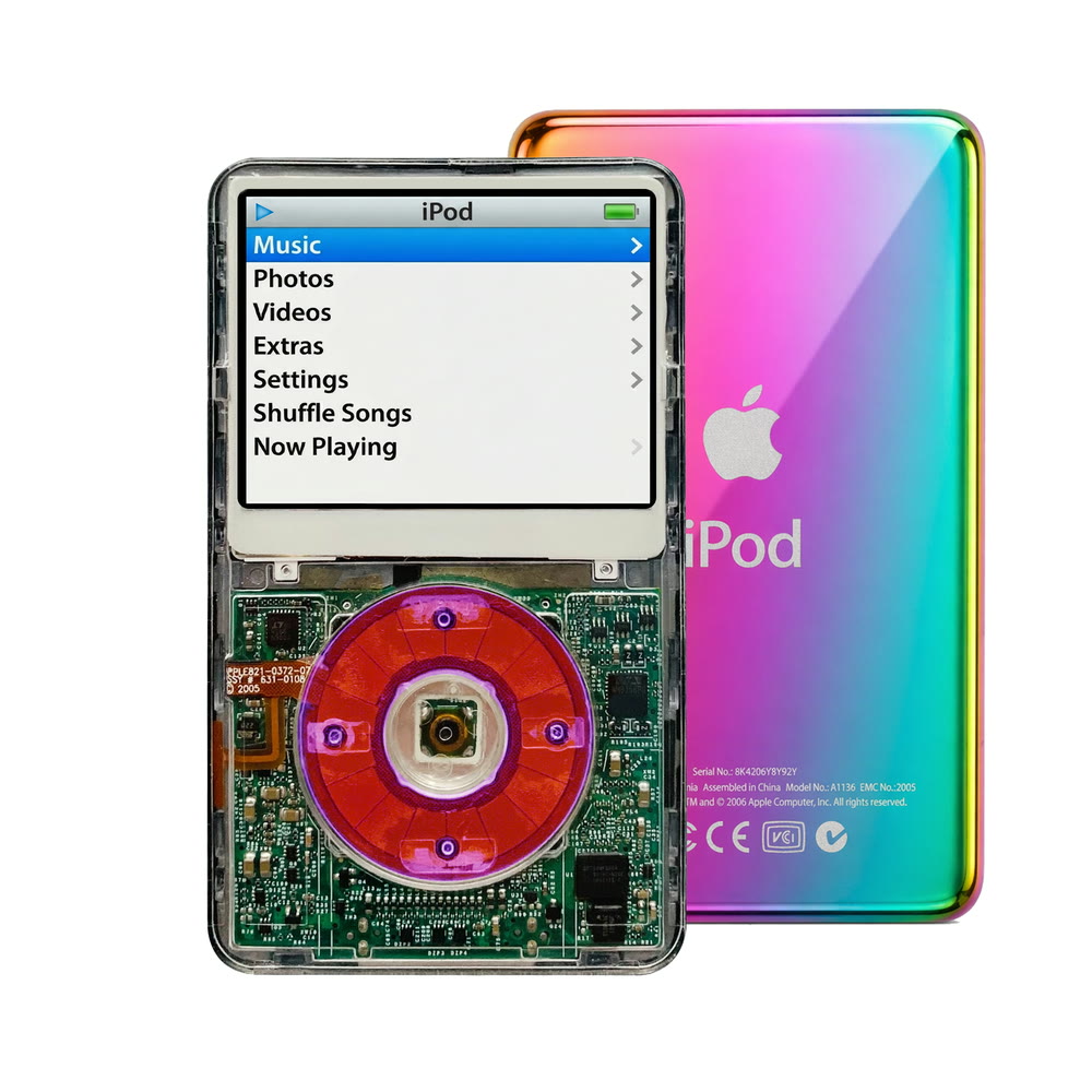 Clear refurbished iPod Video 5.5 Gen with Clear Purple click wheel and Rainbow back plate