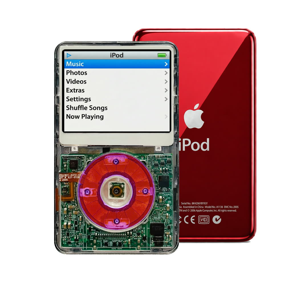 Clear refurbished iPod Video 5.5 Gen with Clear Purple click wheel and Red back plate