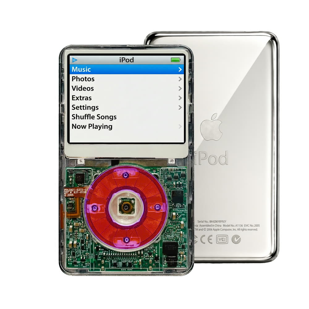 Clear refurbished iPod Video 5.5 Gen with Clear Purple click wheel and Silver back plate