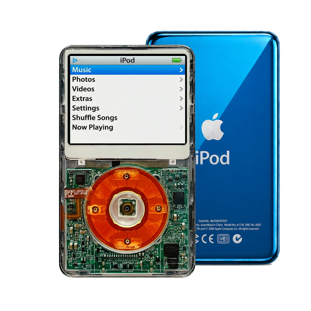 Clear refurbished iPod Video 5.5 Gen with Clear Red click wheel and Blue back plate