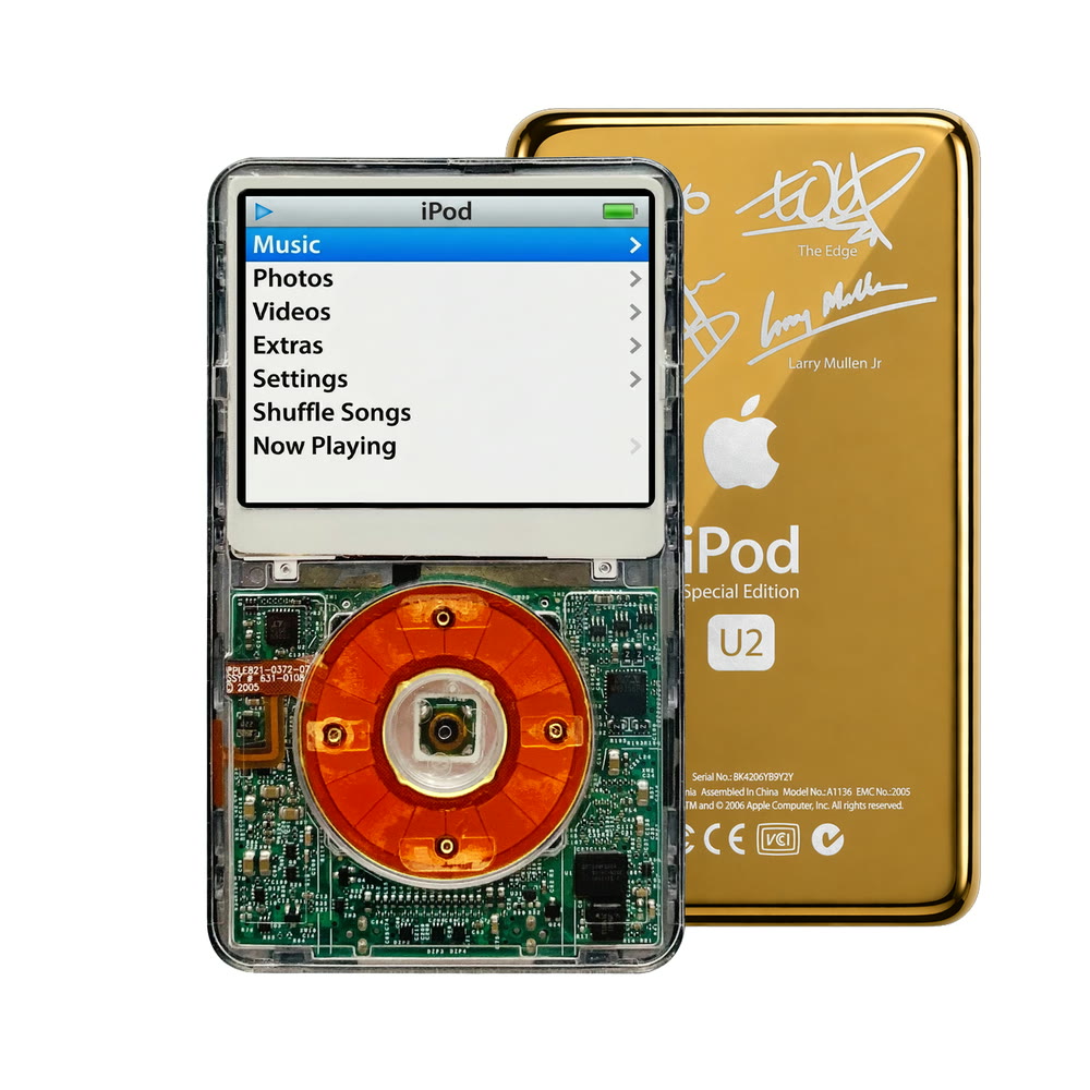 Clear refurbished iPod Video 5.5 Gen with Clear Red click wheel and Gold U2 back plate