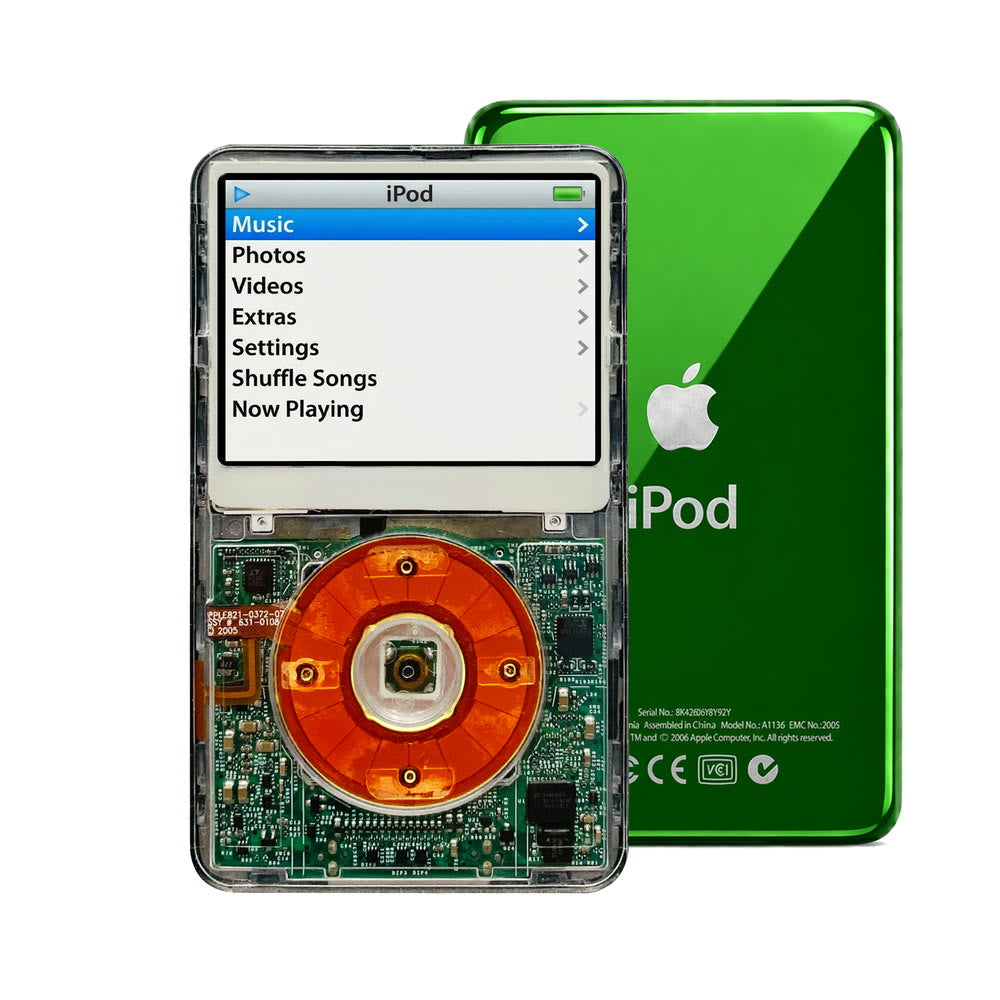 Clear refurbished iPod Video 5.5 Gen with Clear Red click wheel and Green back plate