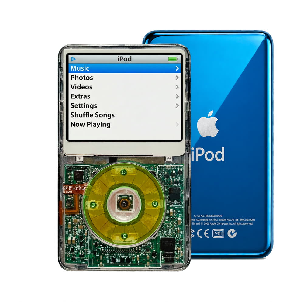 Clear refurbished iPod Video 5.5 Gen with Clear Silver Green click wheel and Blue back plate
