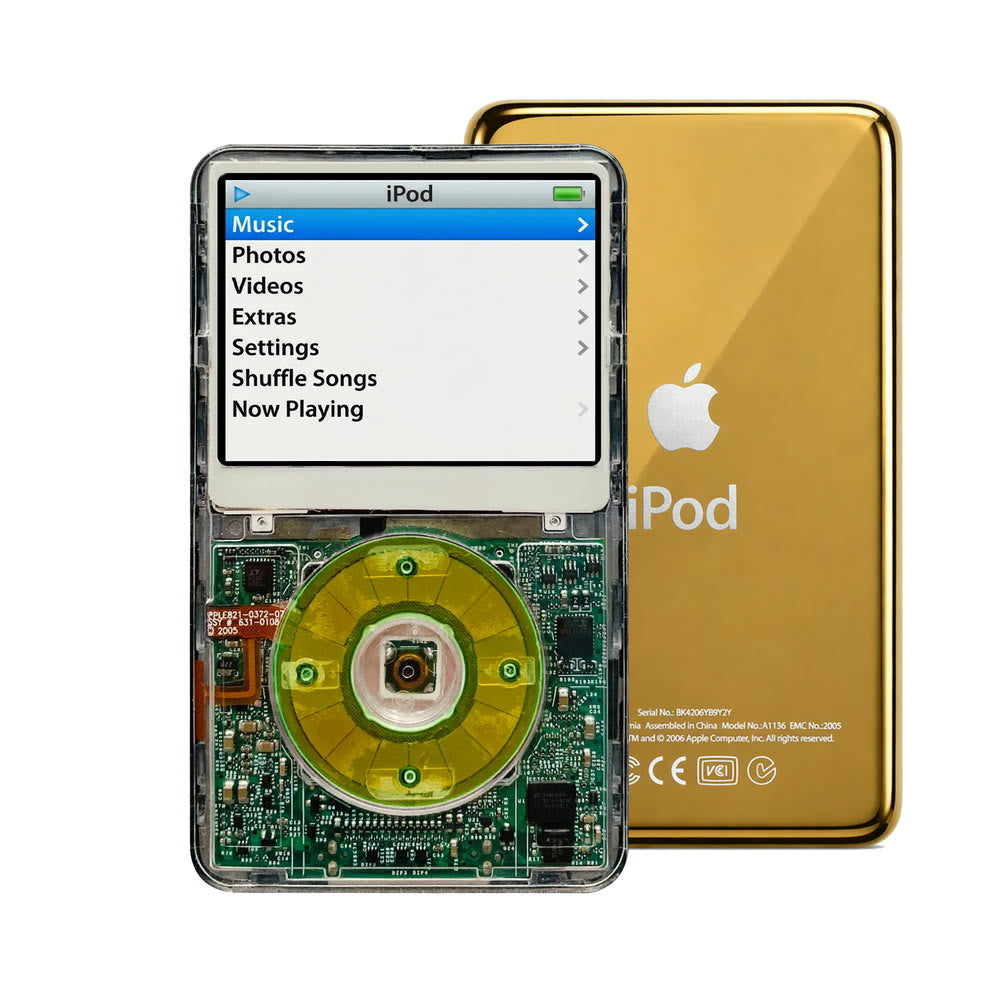 Clear refurbished iPod Video 5.5 Gen with Clear Silver Green click wheel and Gold back plate