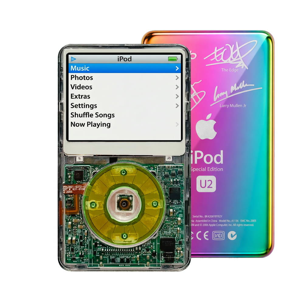 Clear refurbished iPod Video 5.5 Gen with Clear Silver Green click wheel and Rainbow U2 back plate