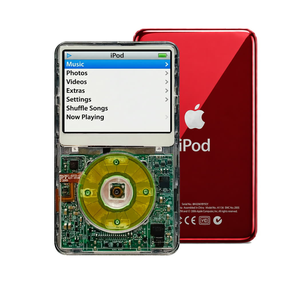 Clear refurbished iPod Video 5.5 Gen with Clear Silver Green click wheel and Red back plate