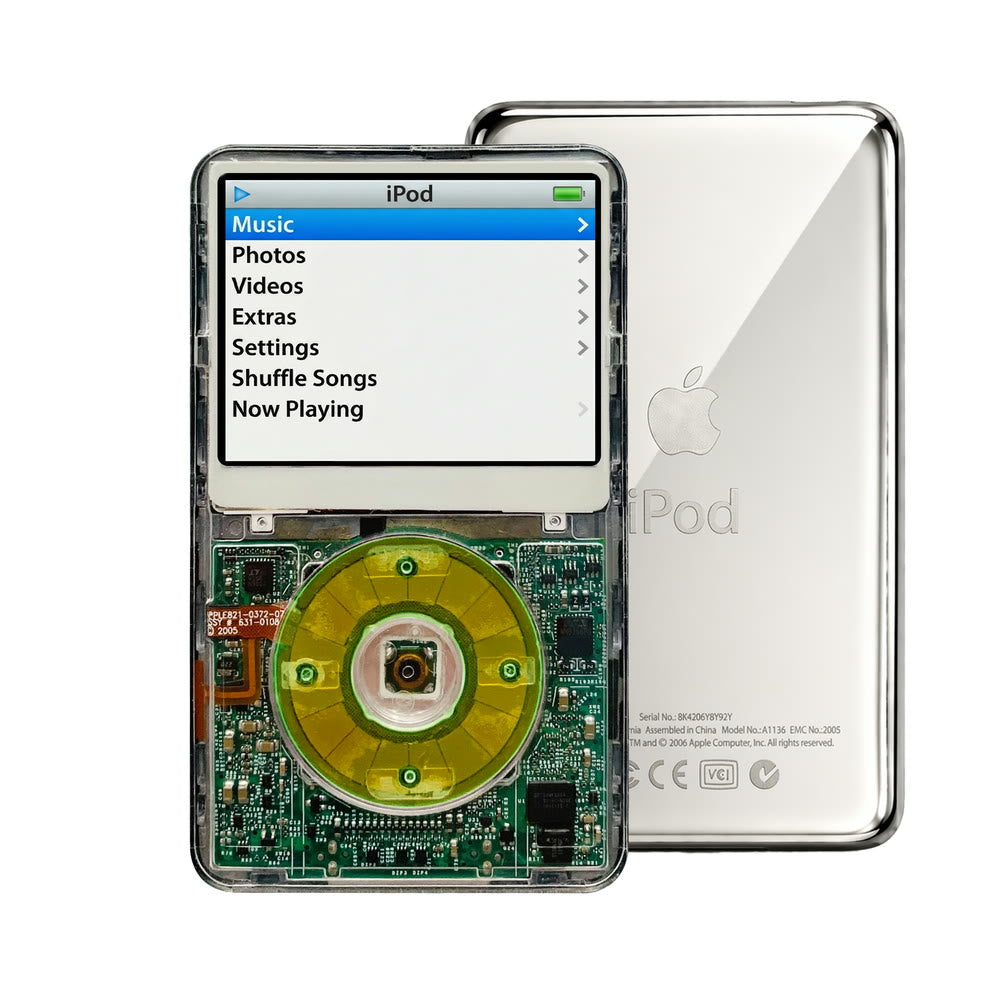 Clear refurbished iPod Video 5.5 Gen with Clear Silver Green click wheel and Silver back plate