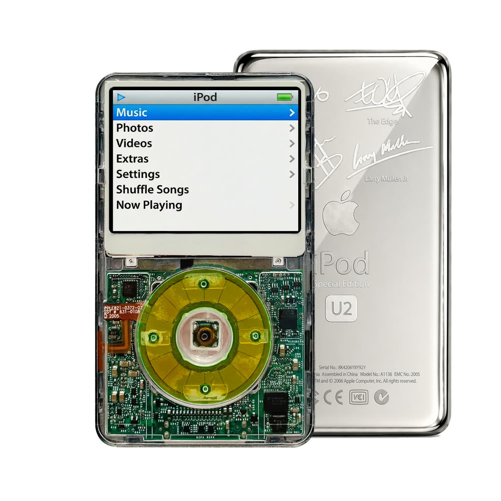 Clear refurbished iPod Video 5.5 Gen with Clear Silver Green click wheel and Silver U2 back plate