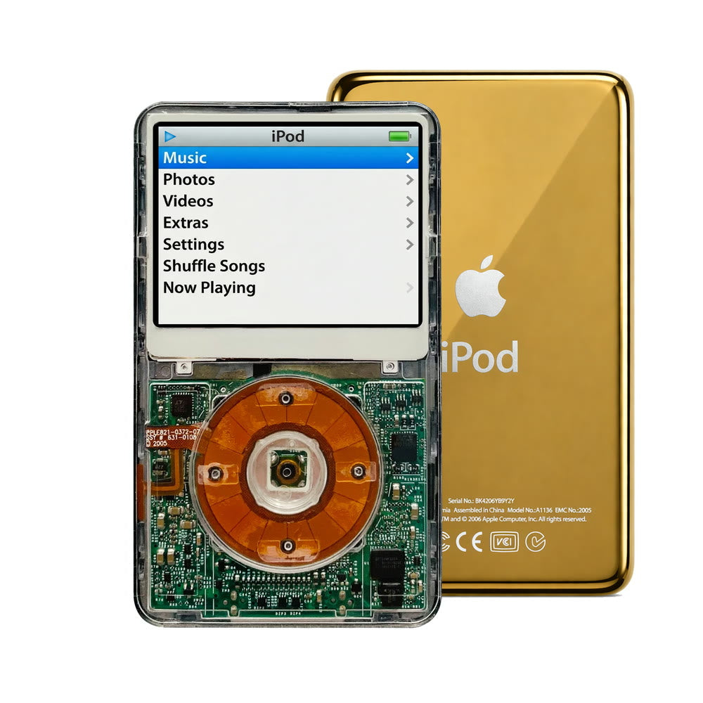 Clear refurbished iPod Video 5.5 Gen with Clear Yellow click wheel and Gold back plate