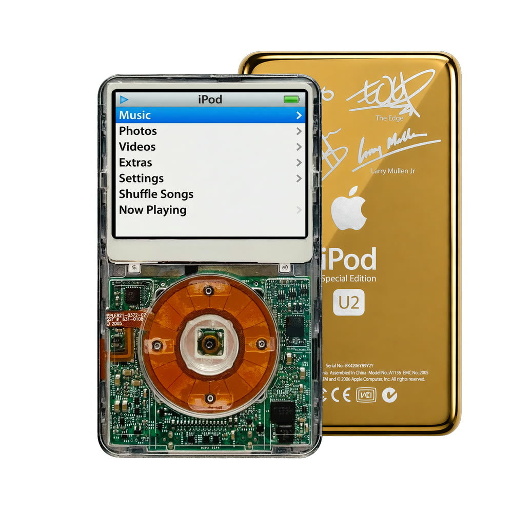 Clear refurbished iPod Video 5.5 Gen with Clear Yellow click wheel and Gold U2 back plate