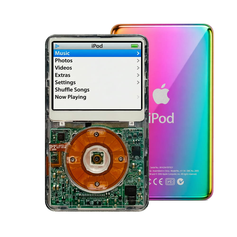 Clear refurbished iPod Video 5.5 Gen with Clear Yellow click wheel and Rainbow back plate