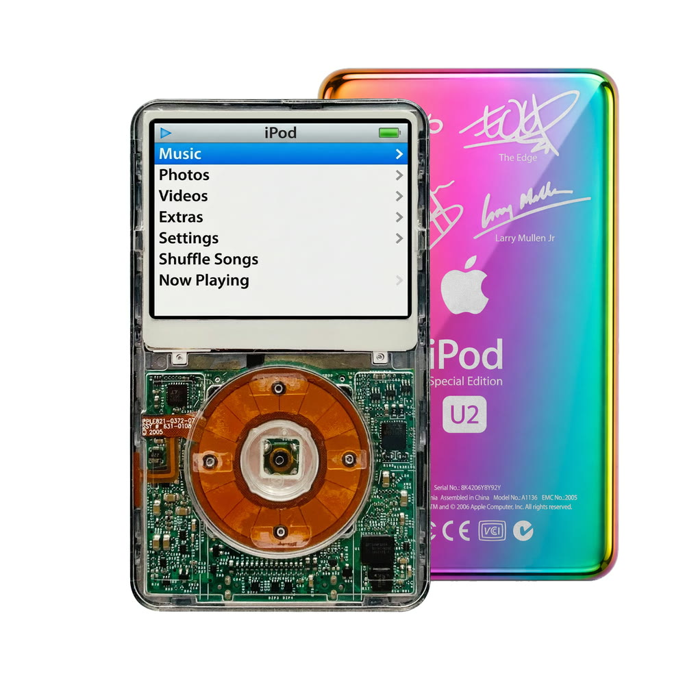 Clear refurbished iPod Video 5.5 Gen with Clear Yellow click wheel and Rainbow U2 back plate