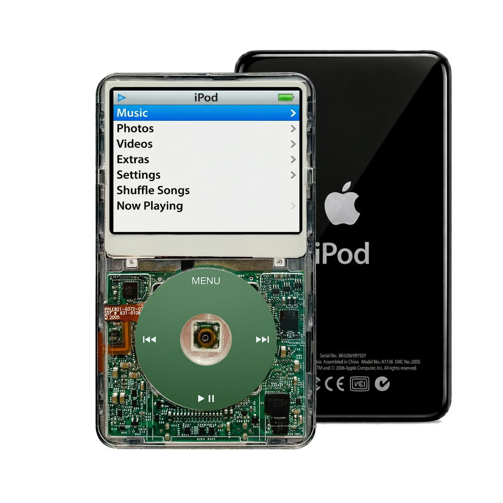 Clear refurbished iPod Video 5.5 Gen with Green click wheel and Black back plate
