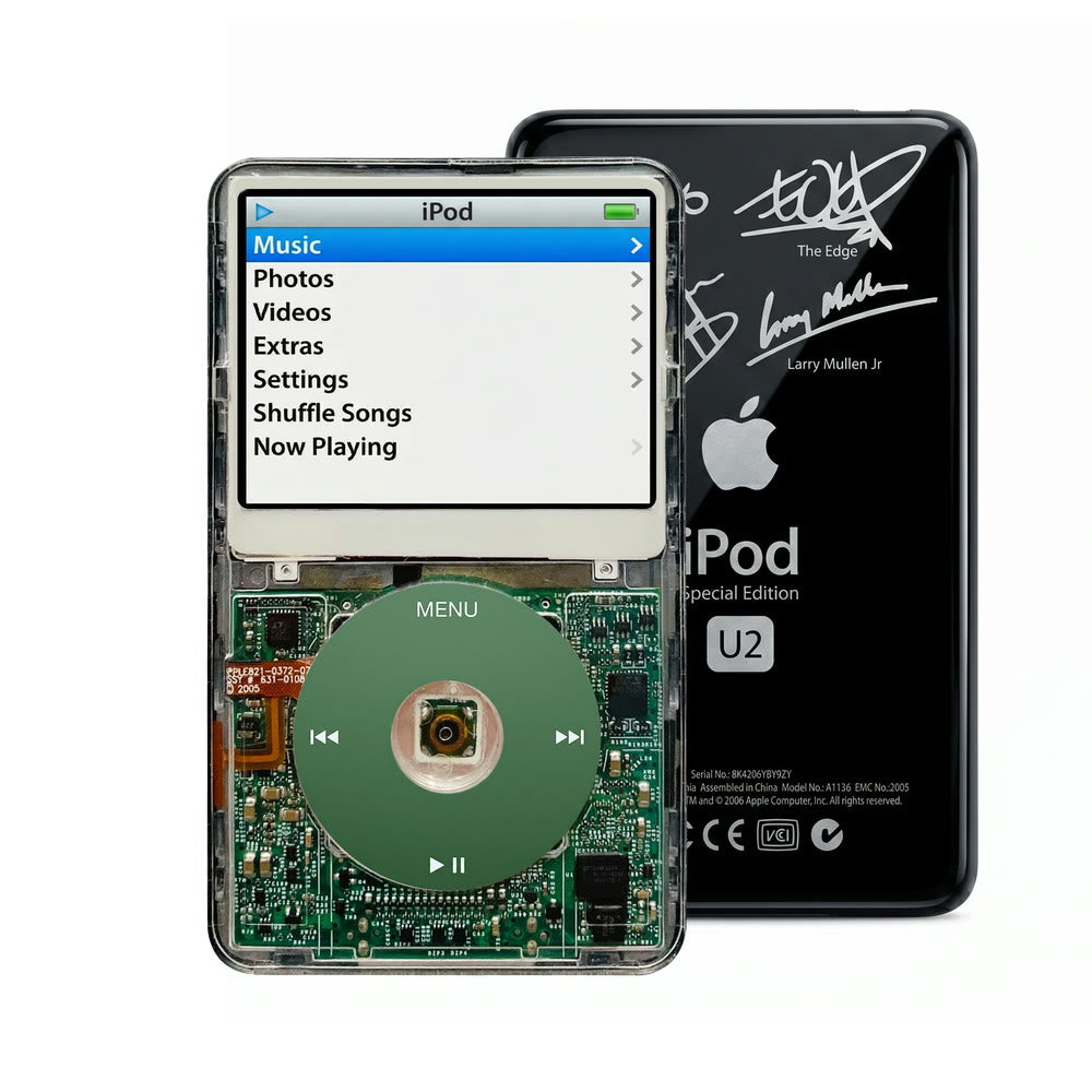 Clear refurbished iPod Video 5.5 Gen with Green click wheel and Black U2 back plate