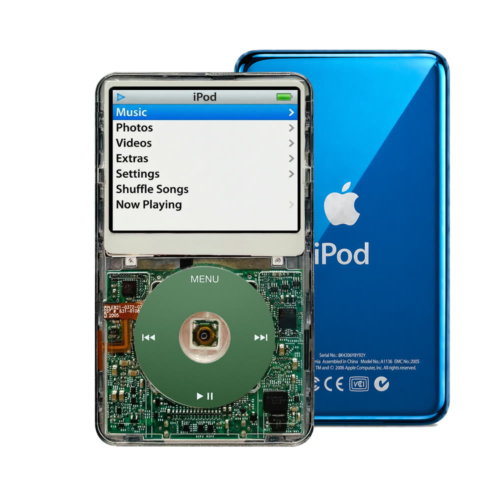 Clear refurbished iPod Video 5.5 Gen with Green click wheel and Blue back plate