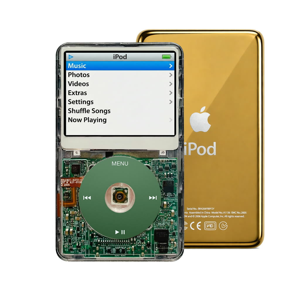 Clear refurbished iPod Video 5.5 Gen with Green click wheel and Gold back plate