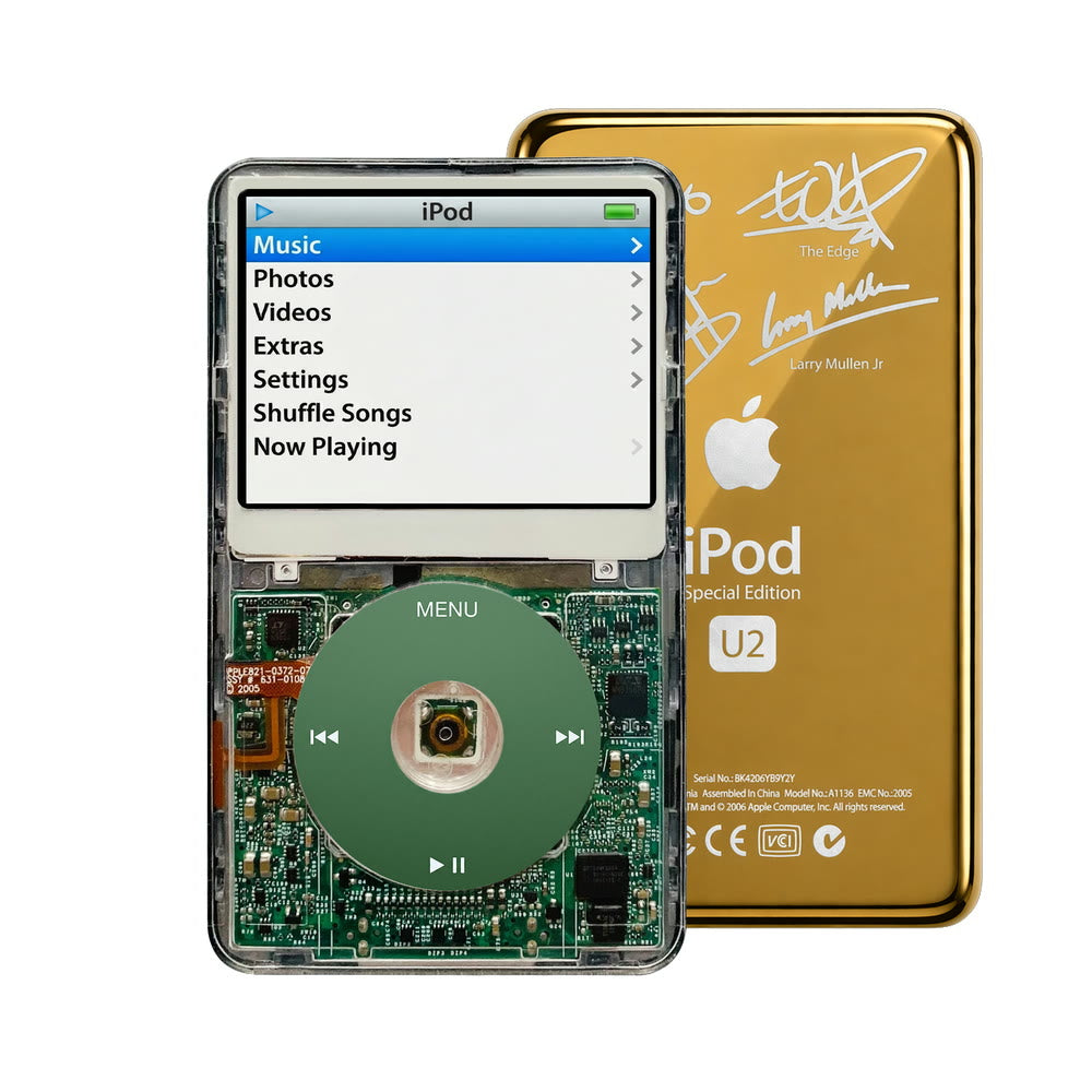 Clear refurbished iPod Video 5.5 Gen with Green click wheel and Gold U2 back plate