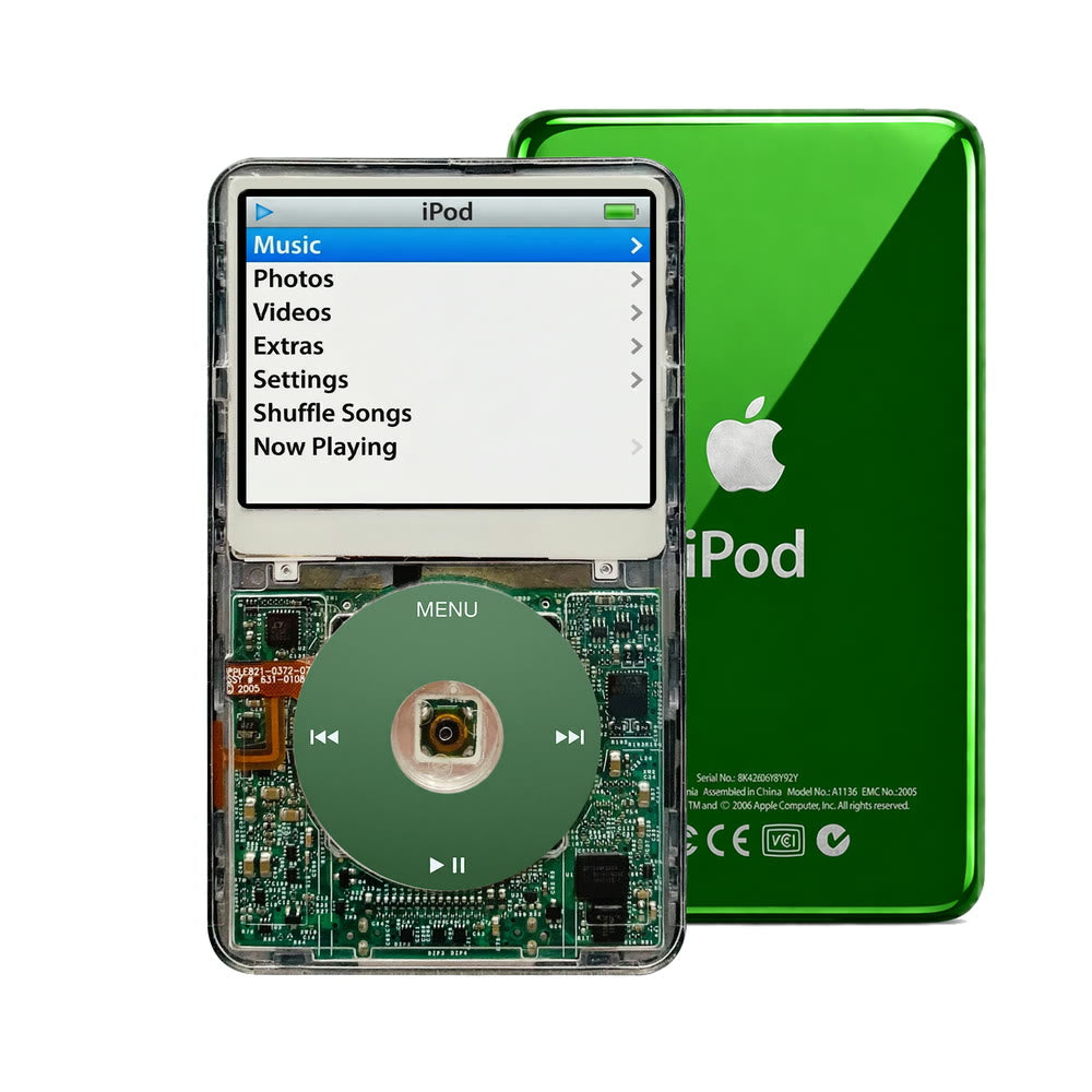 Clear refurbished iPod Video 5.5 Gen with Green click wheel and Green back plate