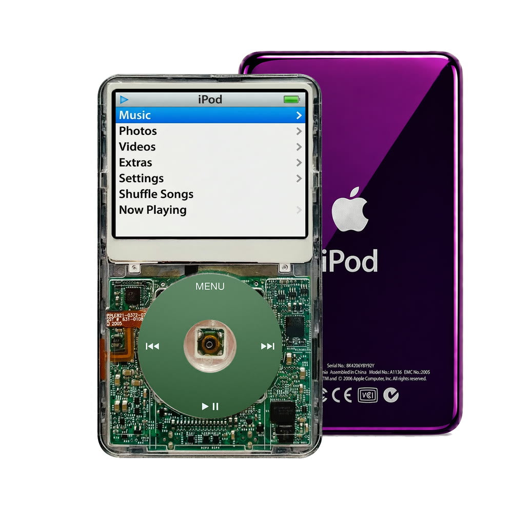 Clear refurbished iPod Video 5.5 Gen with Green click wheel and Purple back plate