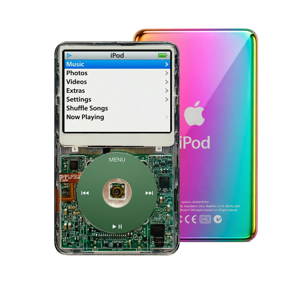Clear refurbished iPod Video 5.5 Gen with Green click wheel and Rainbow back plate