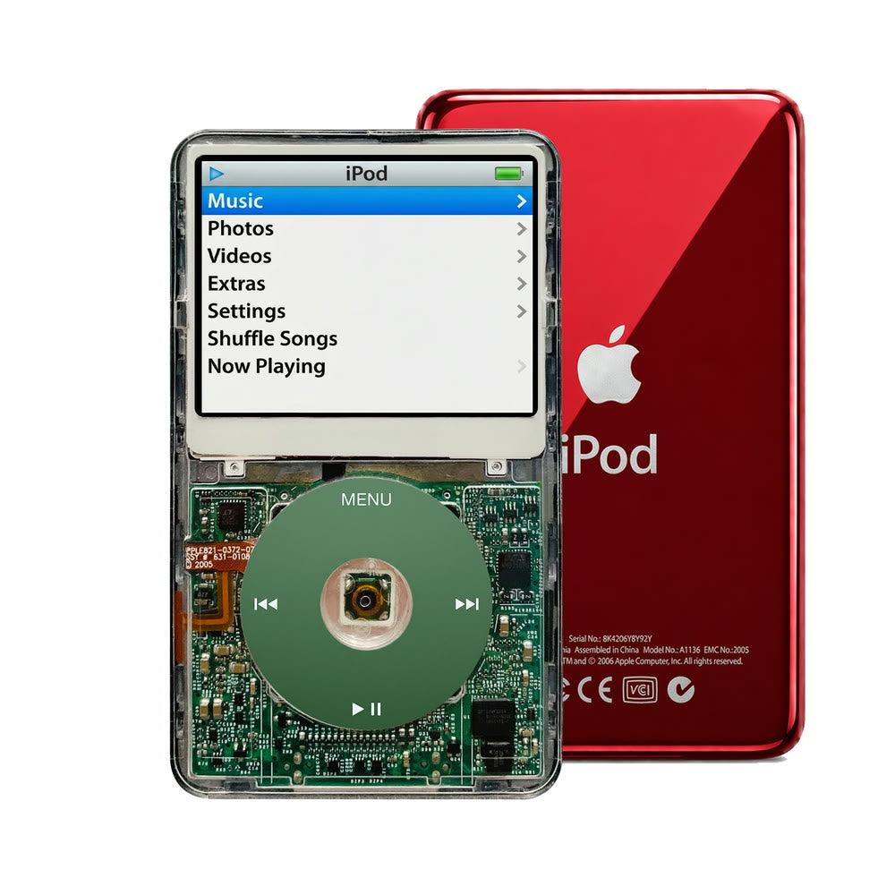 Clear refurbished iPod Video 5.5 Gen with Green click wheel and Red back plate