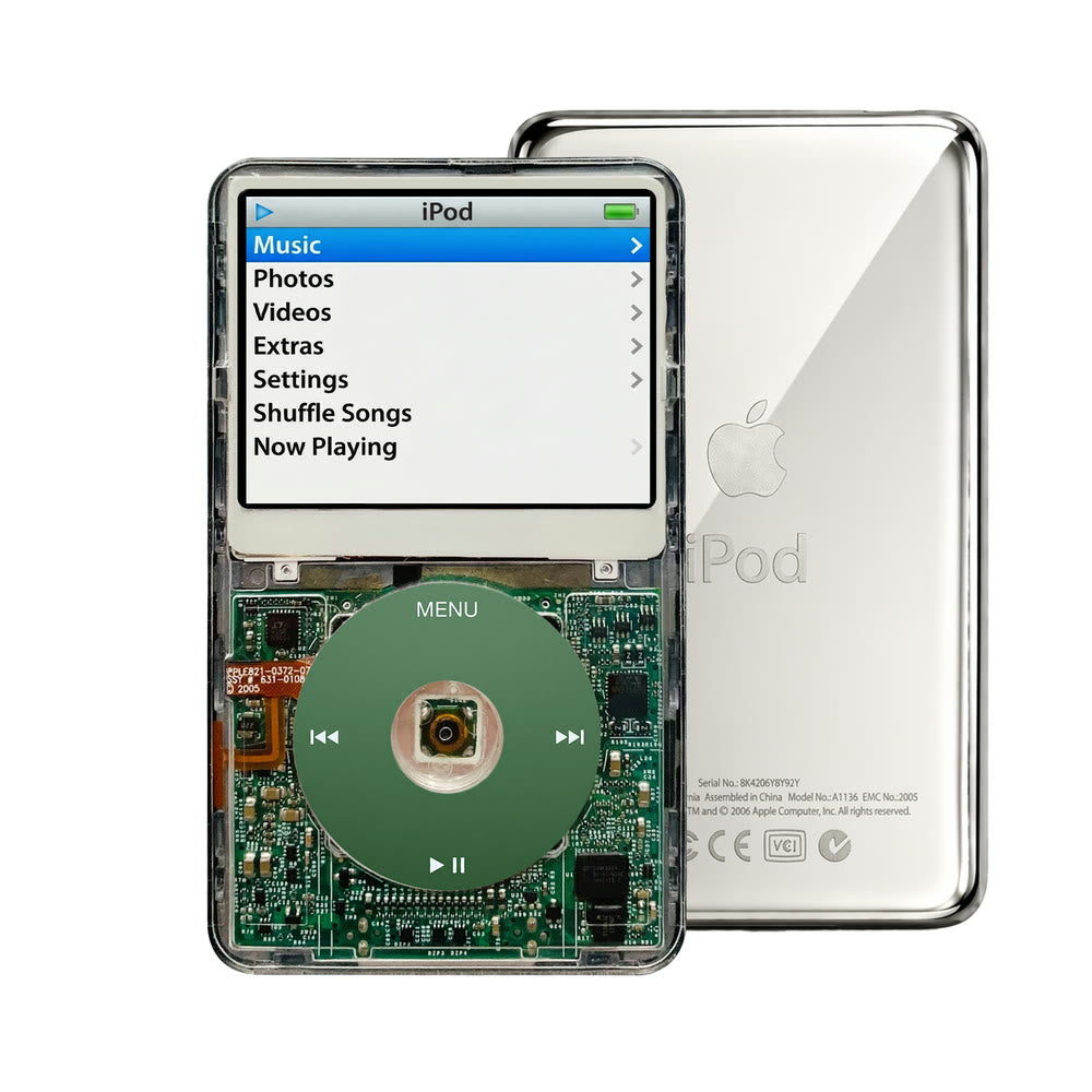 Clear refurbished iPod Video 5.5 Gen with Green click wheel and Silver back plate