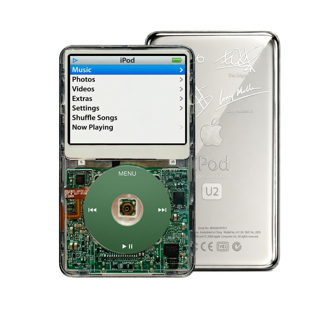 Clear refurbished iPod Video 5.5 Gen with Green click wheel and Silver U2 back plate