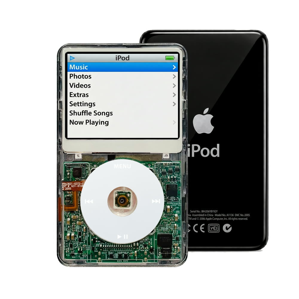 Clear refurbished iPod Video 5.5 Gen with Gray click wheel and Black back plate