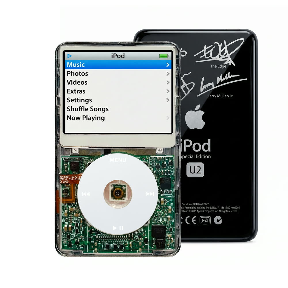 Clear refurbished iPod Video 5.5 Gen with Gray click wheel and Black U2 back plate
