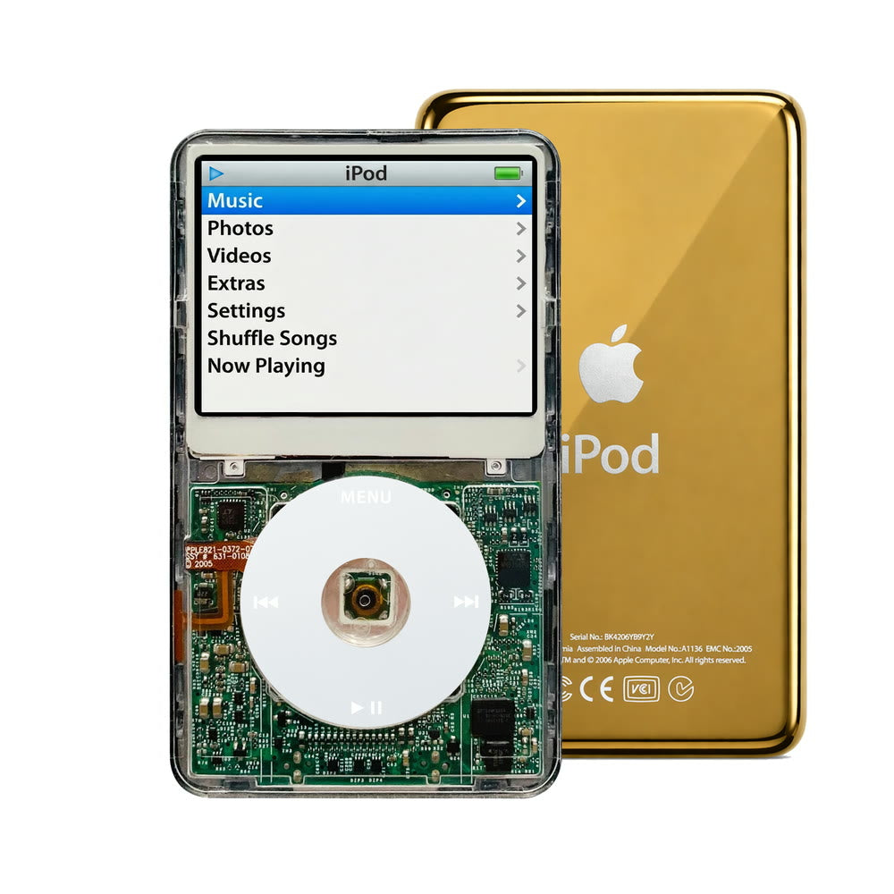 Clear refurbished iPod Video 5.5 Gen with Gray click wheel and Gold back plate