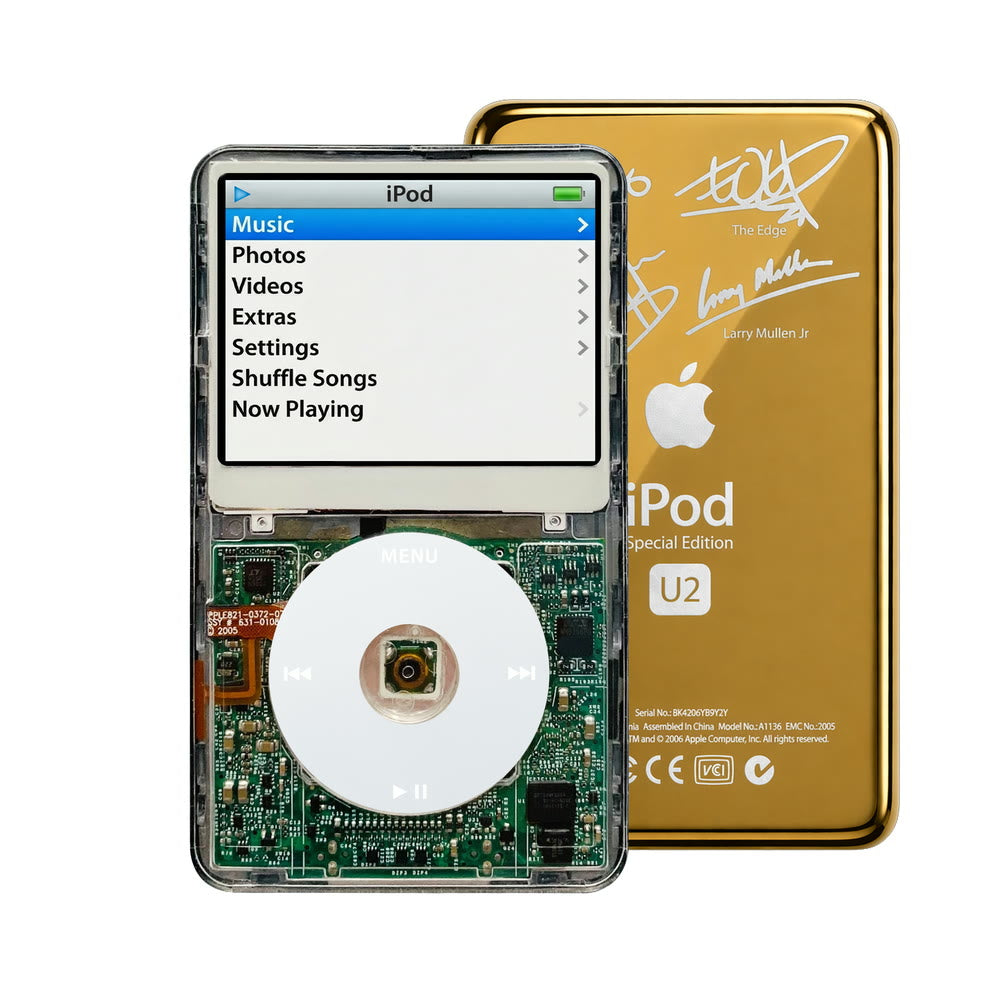 Clear refurbished iPod Video 5.5 Gen with Gray click wheel and Gold U2 back plate