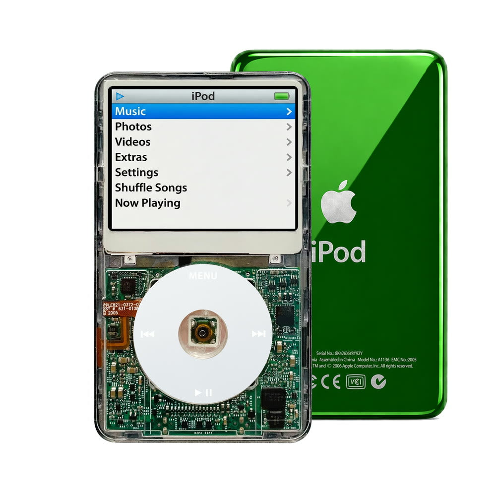 Clear refurbished iPod Video 5.5 Gen with Gray click wheel and Green back plate