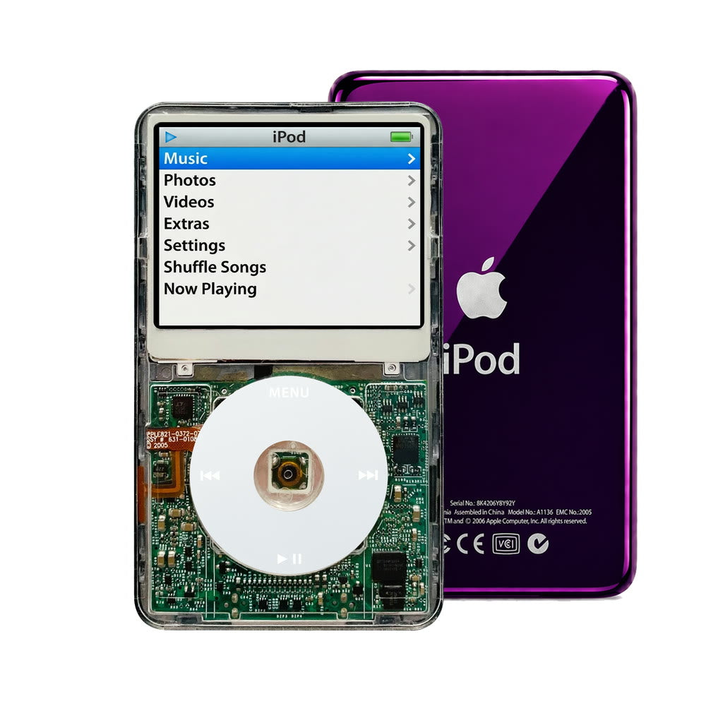 Clear refurbished iPod Video 5.5 Gen with Gray click wheel and Purple back plate