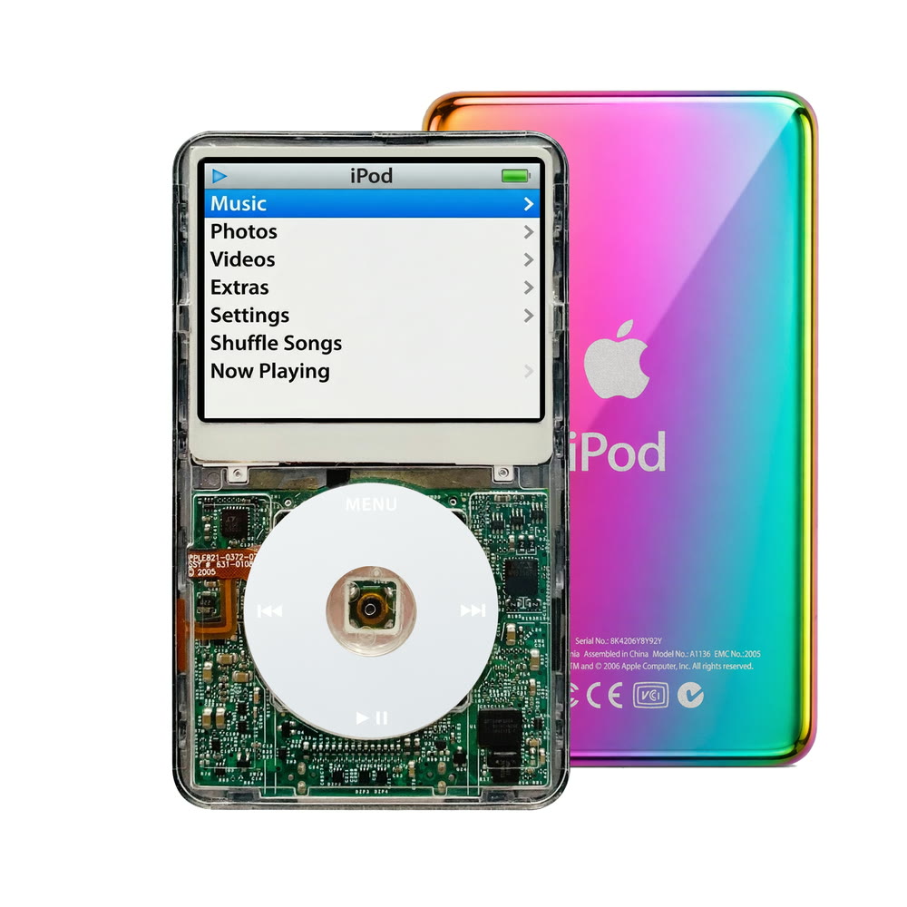 Clear refurbished iPod Video 5.5 Gen with Gray click wheel and Rainbow back plate