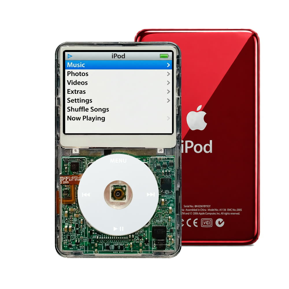 Clear refurbished iPod Video 5.5 Gen with Gray click wheel and Red back plate
