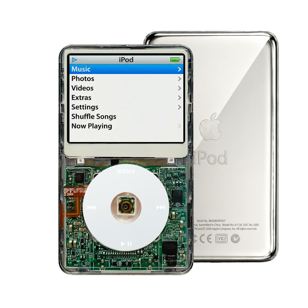 Clear refurbished iPod Video 5.5 Gen with Gray click wheel and Silver back plate