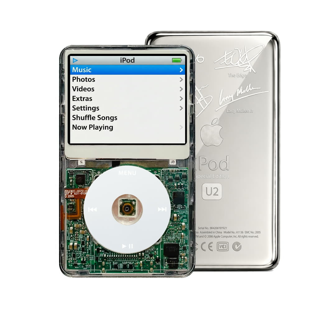 Clear refurbished iPod Video 5.5 Gen with Gray click wheel and Silver U2 back plate