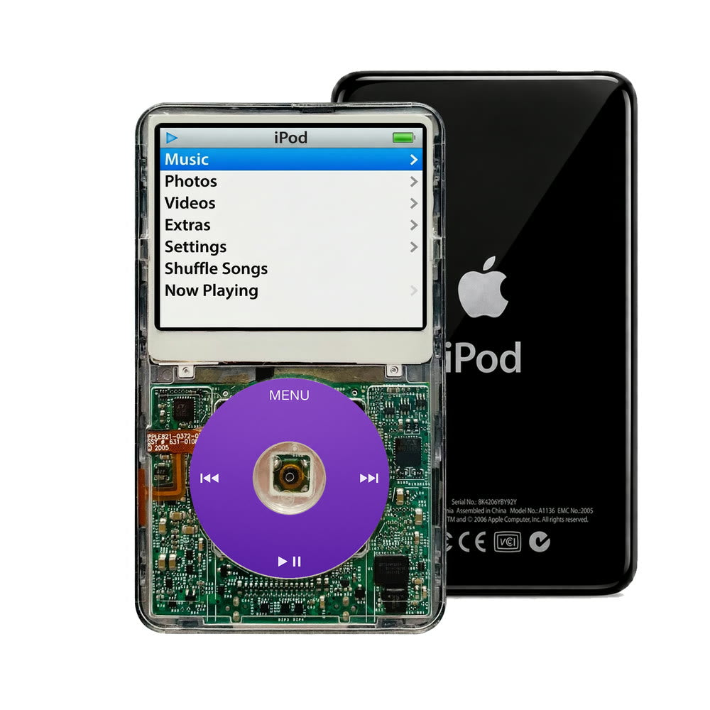 Clear refurbished iPod Video 5.5 Gen with Purple click wheel and Black back plate