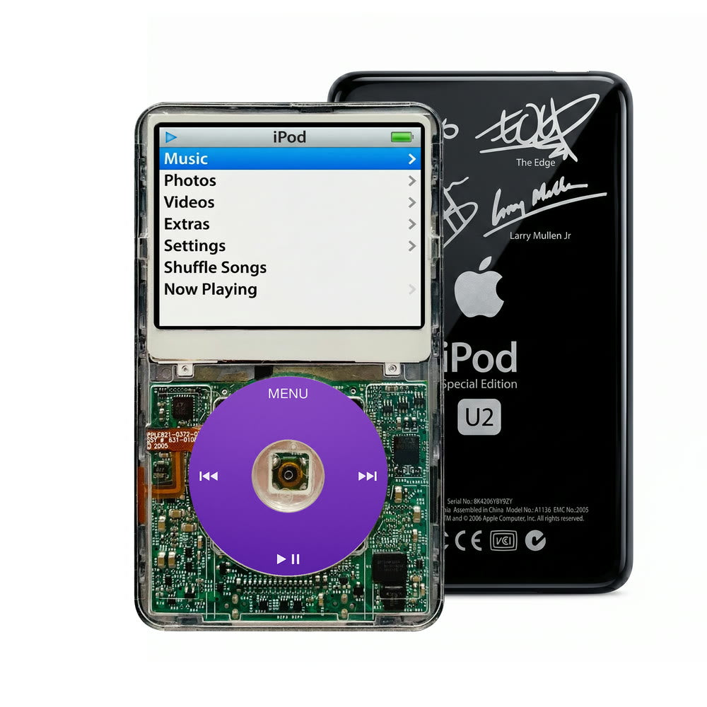 Clear refurbished iPod Video 5.5 Gen with Purple click wheel and Black U2 back plate