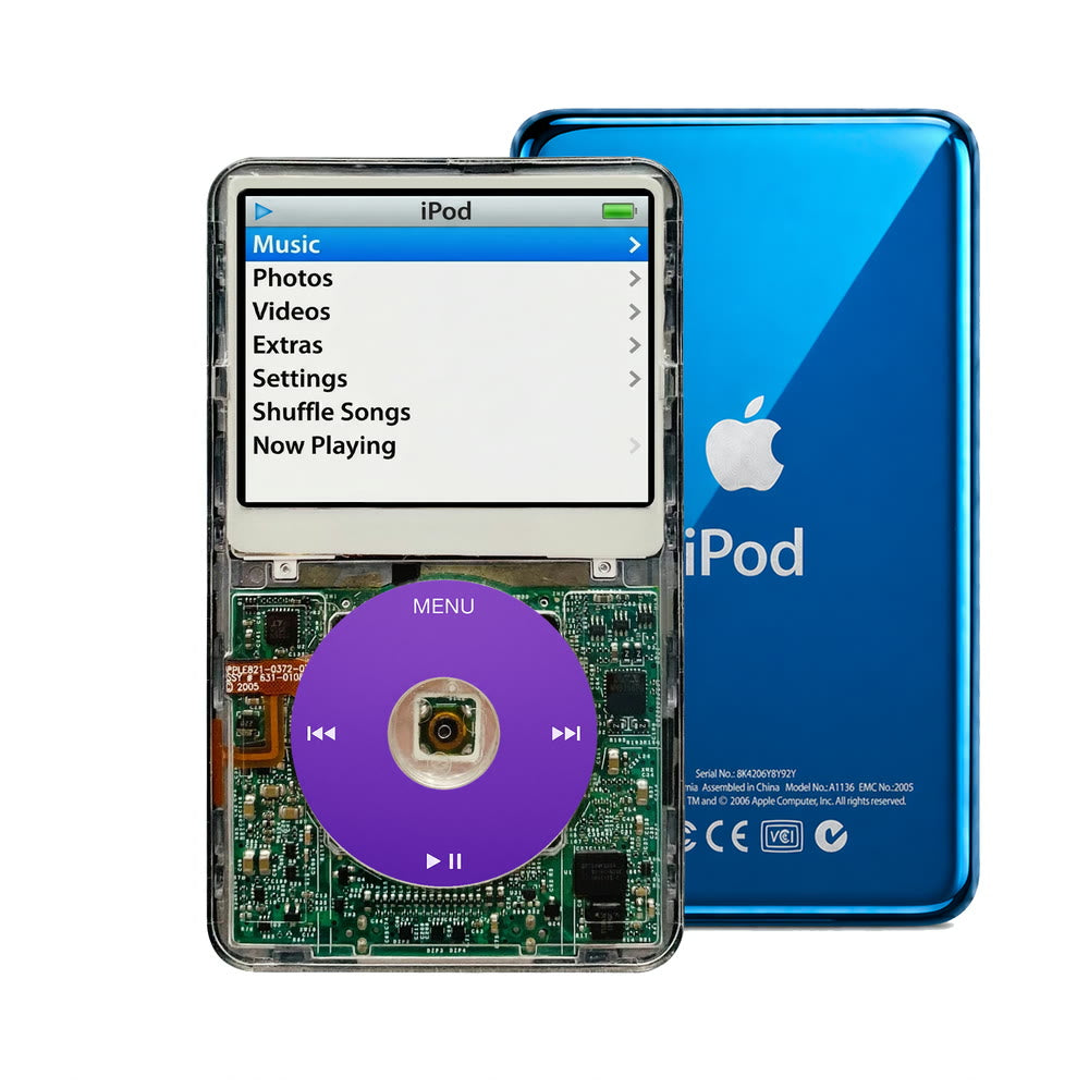 Clear refurbished iPod Video 5.5 Gen with Purple click wheel and Blue back plate