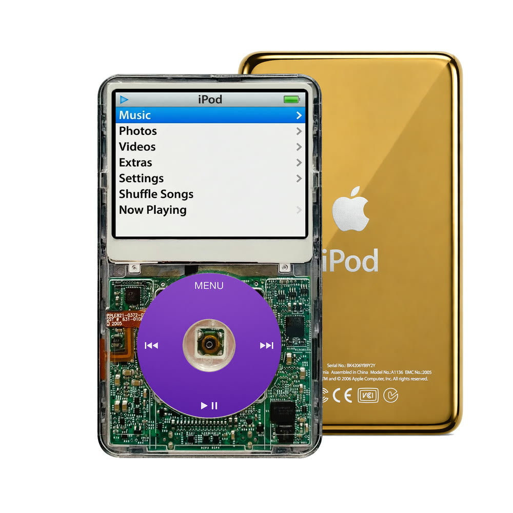 Clear refurbished iPod Video 5.5 Gen with Purple click wheel and Gold back plate