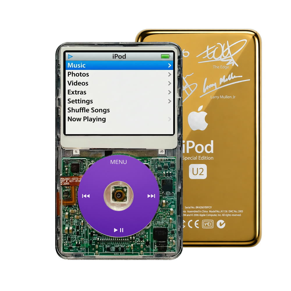 Clear refurbished iPod Video 5.5 Gen with Purple click wheel and Gold U2 back plate