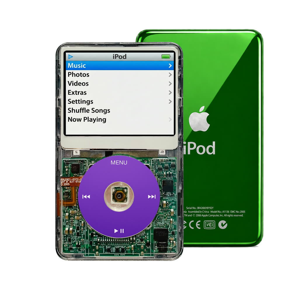 Clear refurbished iPod Video 5.5 Gen with Purple click wheel and Green back plate