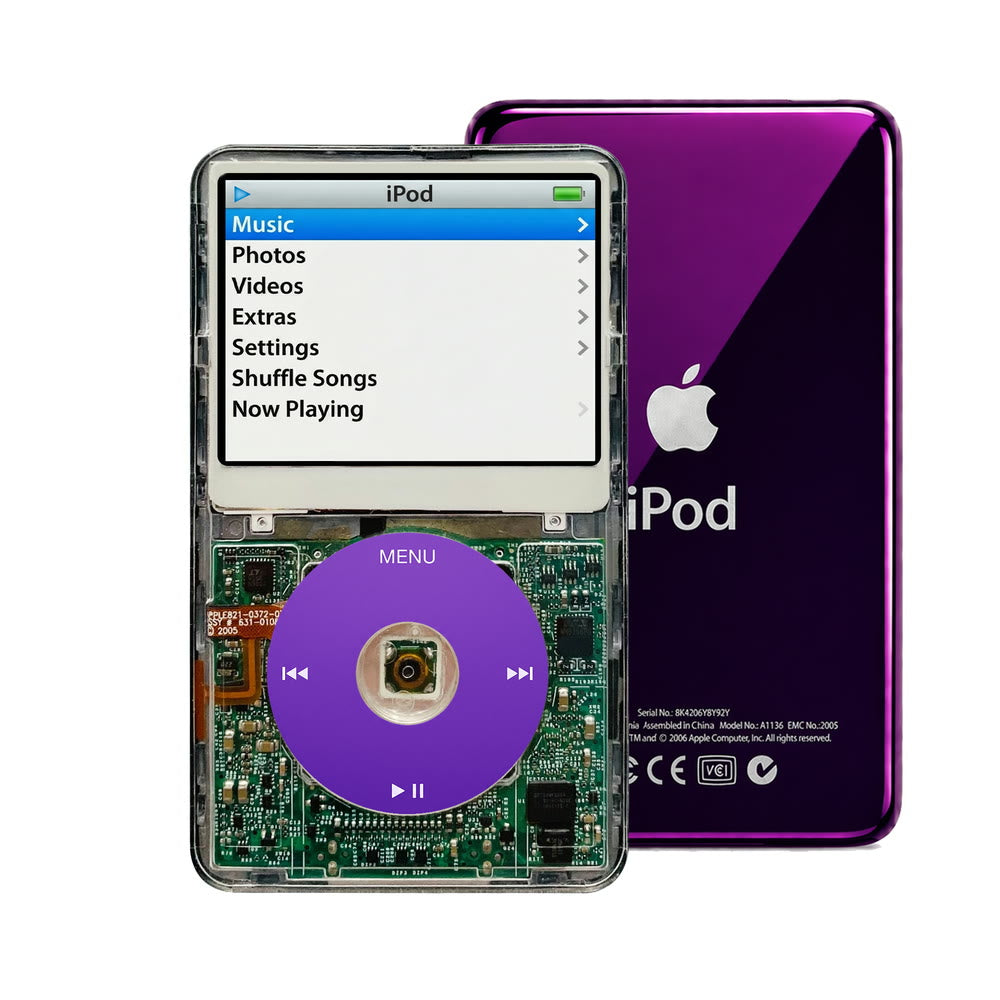 Clear refurbished iPod Video 5.5 Gen with Purple click wheel and Purple back plate