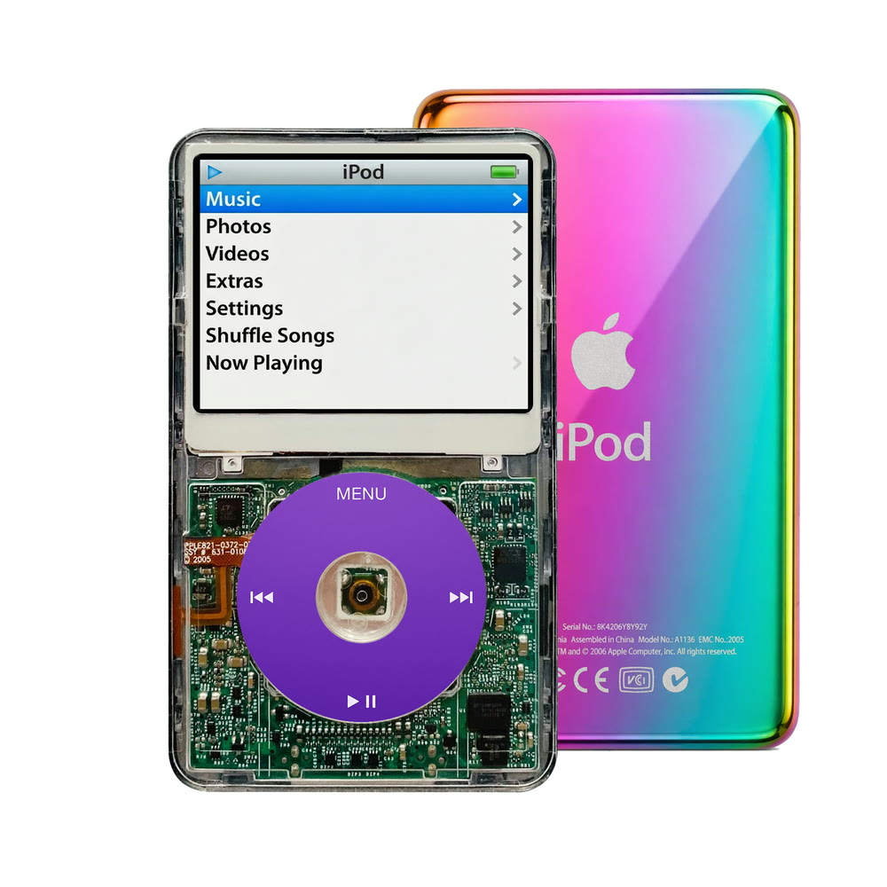 Clear refurbished iPod Video 5.5 Gen with Purple click wheel and Rainbow back plate