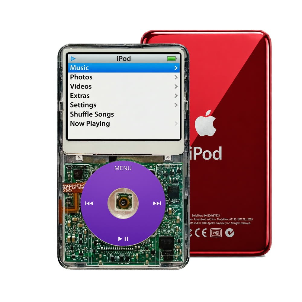 Clear refurbished iPod Video 5.5 Gen with Purple click wheel and Red back plate