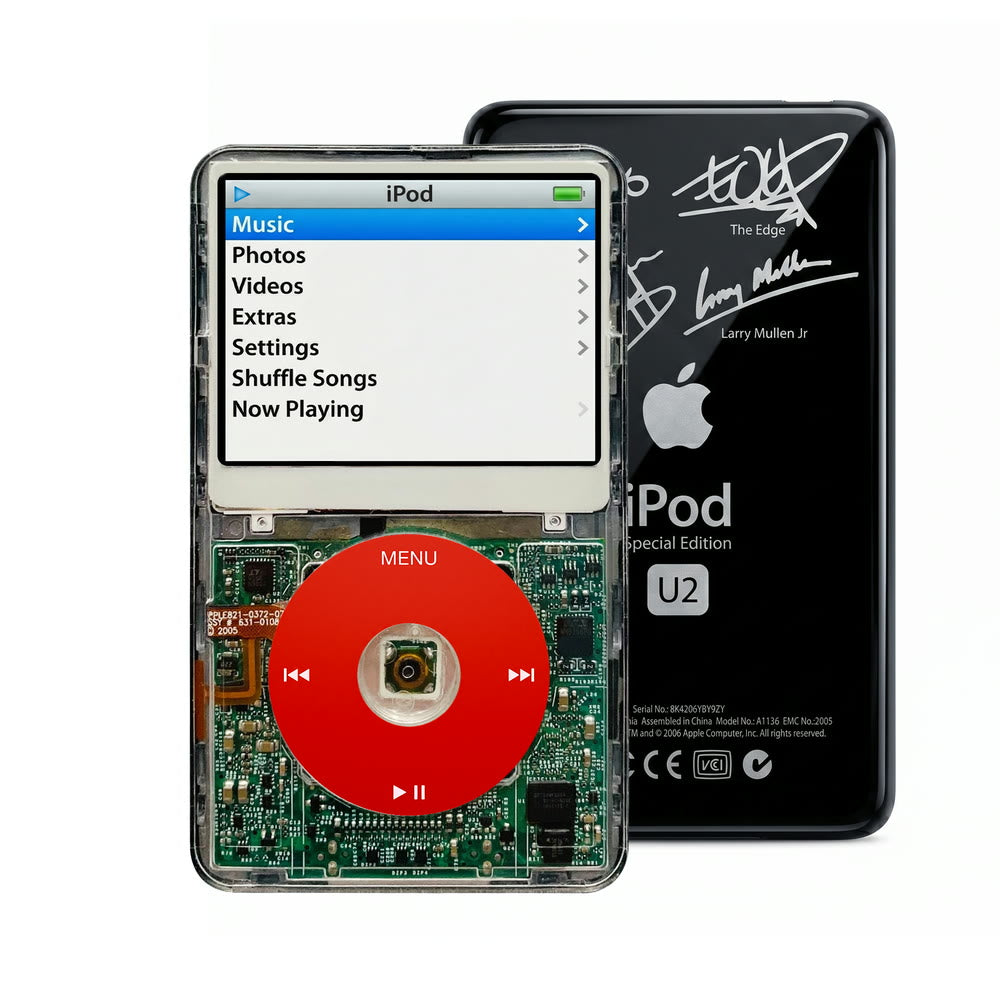 Clear refurbished iPod Video 5.5 Gen with Red click wheel and Black U2 back plate