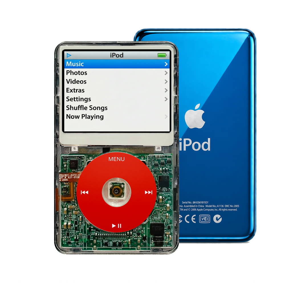 Clear refurbished iPod Video 5.5 Gen with Red click wheel and Blue back plate