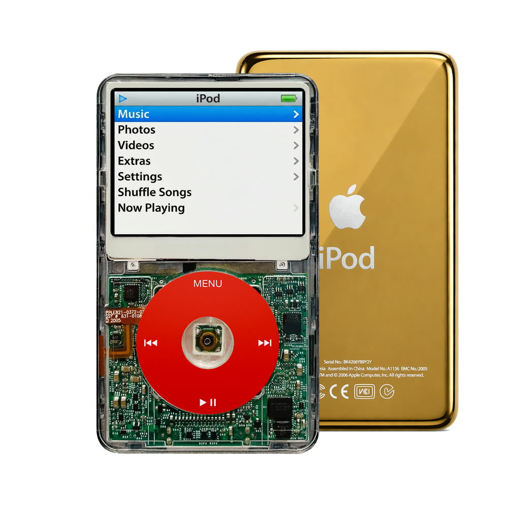 Clear refurbished iPod Video 5.5 Gen with Red click wheel and Gold back plate