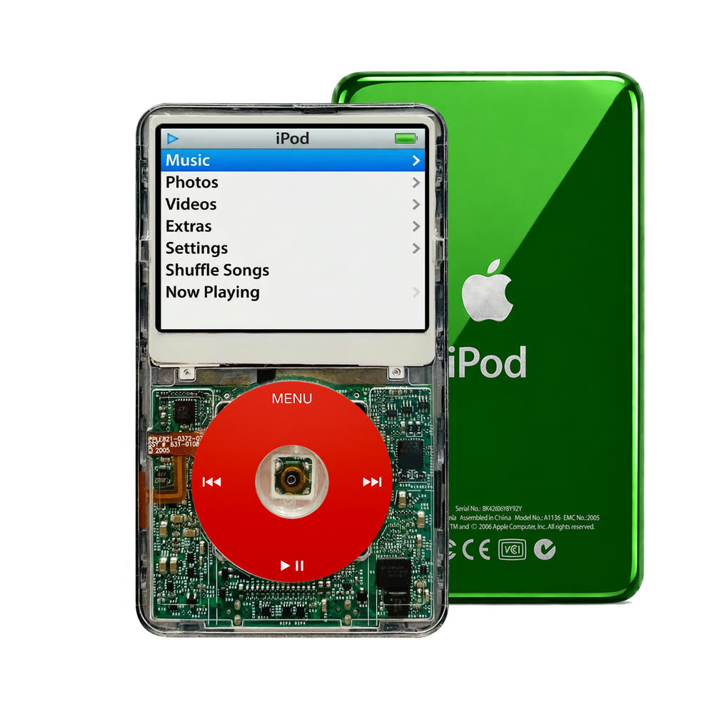 Clear refurbished iPod Video 5.5 Gen with Red click wheel and Green back plate